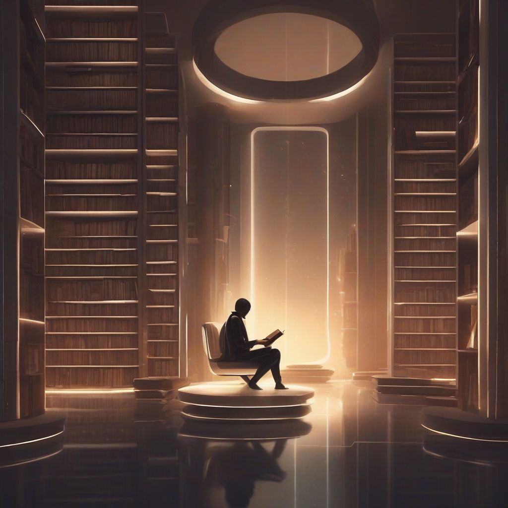 A person is reading a book in a dimly lit room with futuristic glowing bookshelves